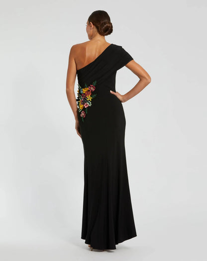 Black One Shoulder Beaded Jersey Gown