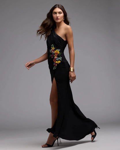 Black One Shoulder Beaded Jersey Gown