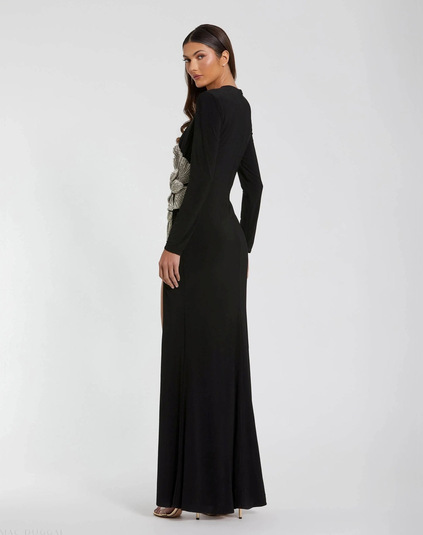 Black Long Sleeve Jersey Gown With Embellished Flower