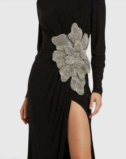 Black Long Sleeve Jersey Gown With Embellished Flower