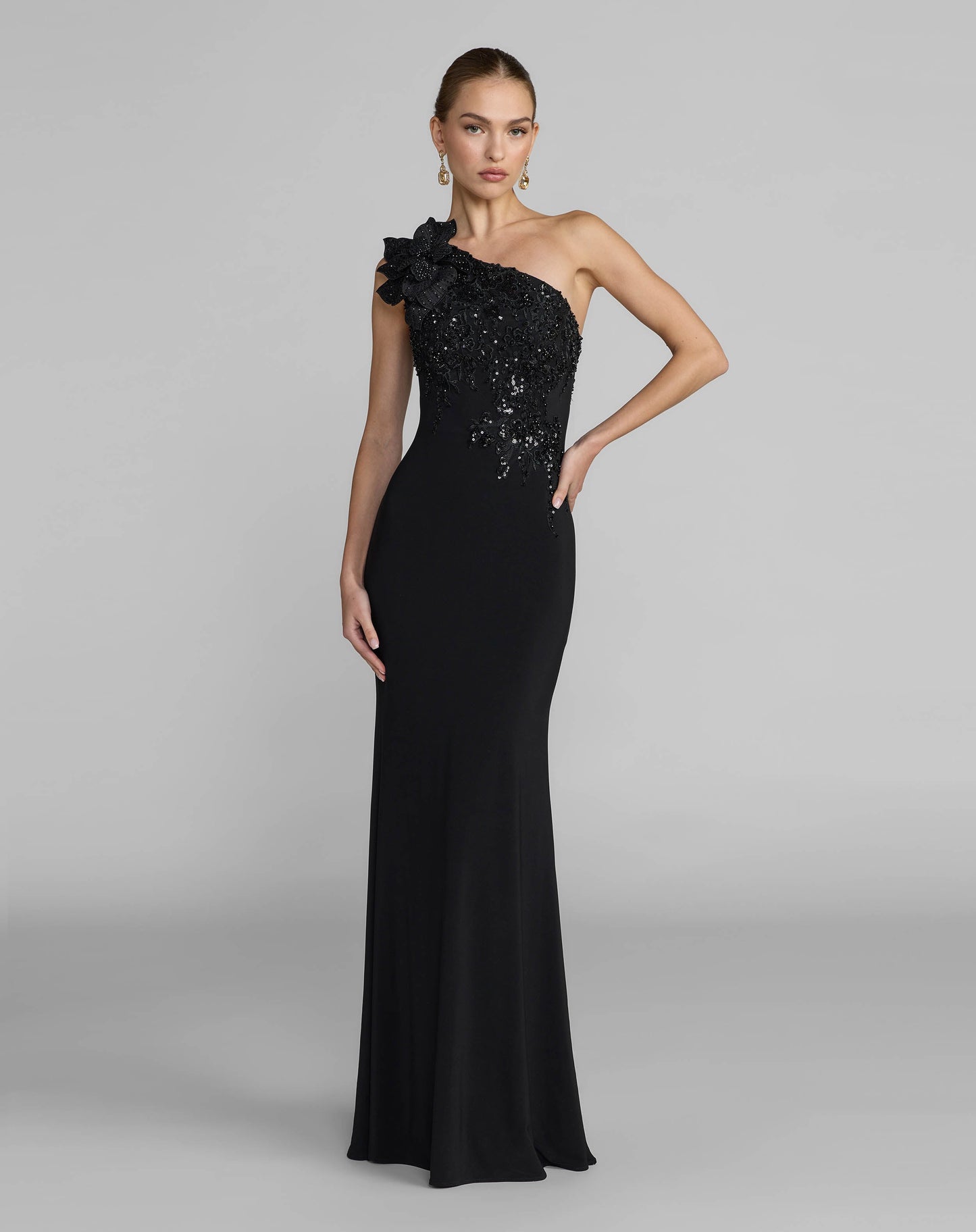 Black Embroidered Jersey One Shoulder Gown with 3D Flower