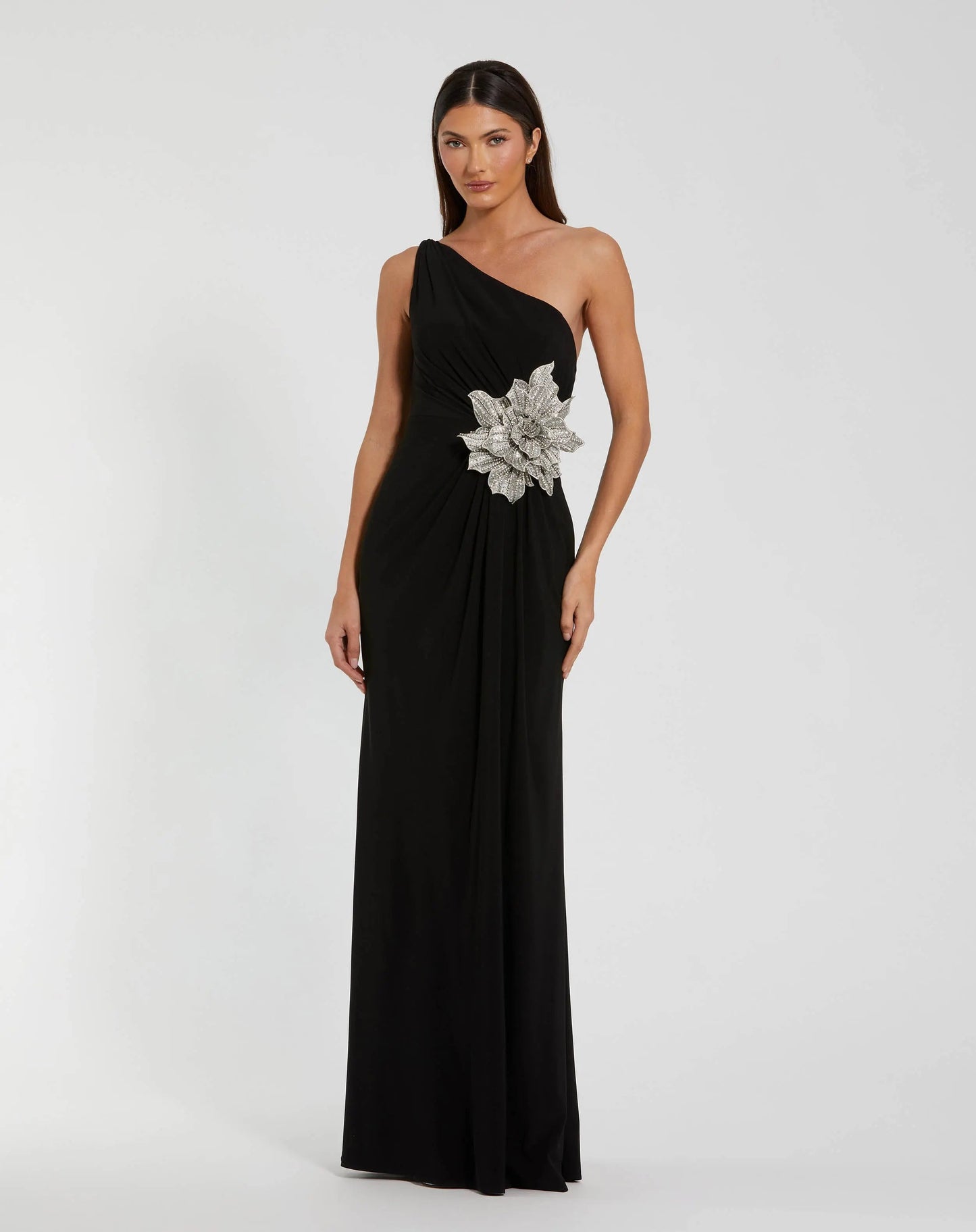 Black One Shoulder Jersey Gown With Rhinestone Flower