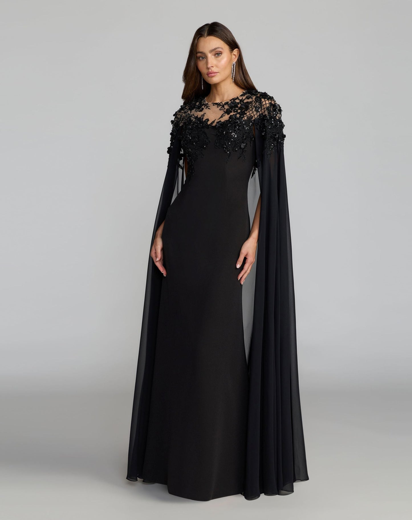 Black Floral Embellished Crepe Gown With Chiffon Cape