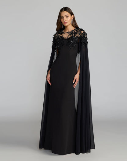 Black Floral Embellished Crepe Gown With Chiffon Cape