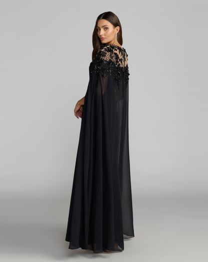 Black Floral Embellished Crepe Gown With Chiffon Cape