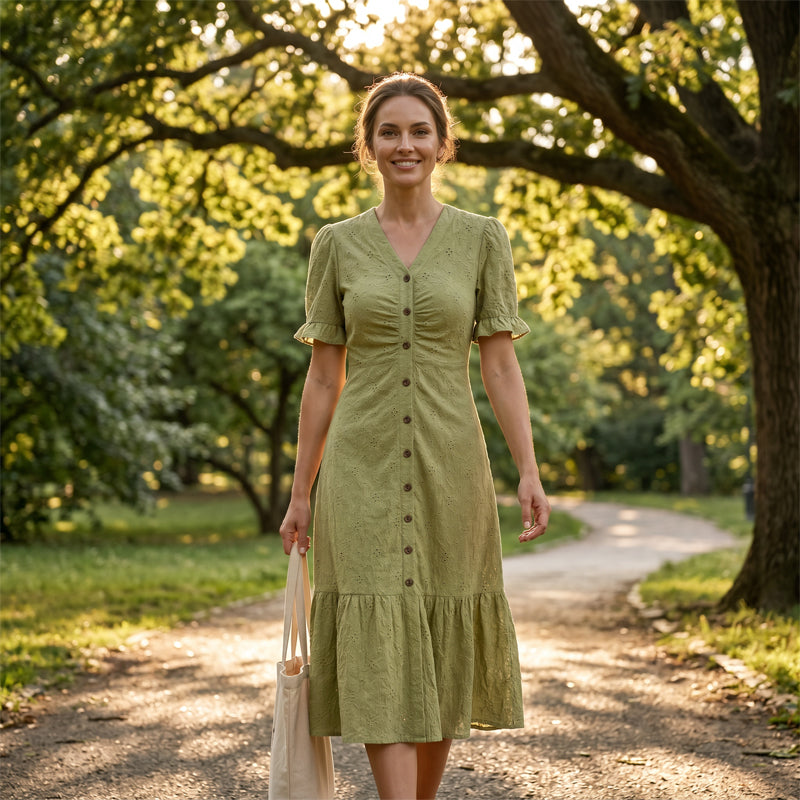 🌞💃Women's Button-Up V-Neck Short Sleeve Midi Dress