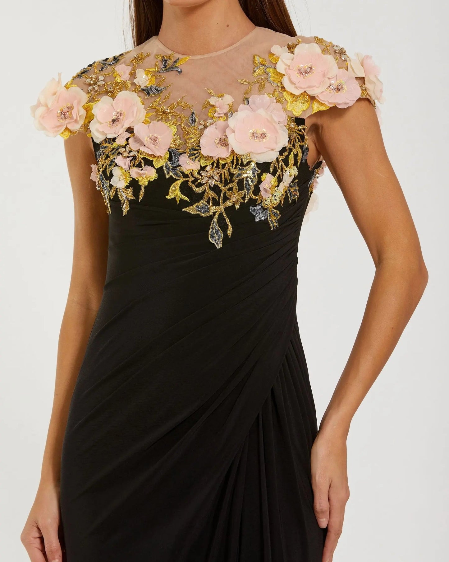 Black Jersey Column Gown With 3D Flower Embellishments