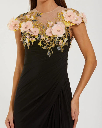 Black Jersey Column Gown With 3D Flower Embellishments