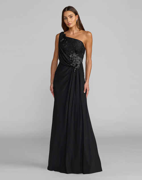 Black One Shoulder Draped Jersey Gown With 3D Flowers