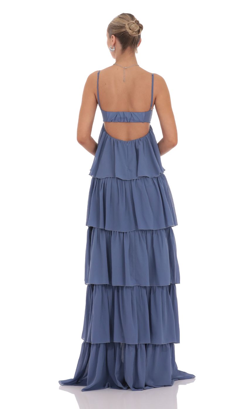 Chiffon Front Tie Ruffle Dress in Denim Blue