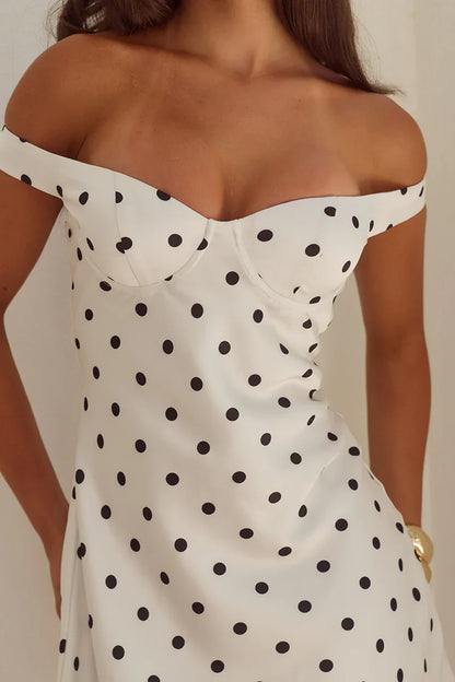 AVETA OFF SHOULDER MINI DRESS - WHITE/BLACK POLKA