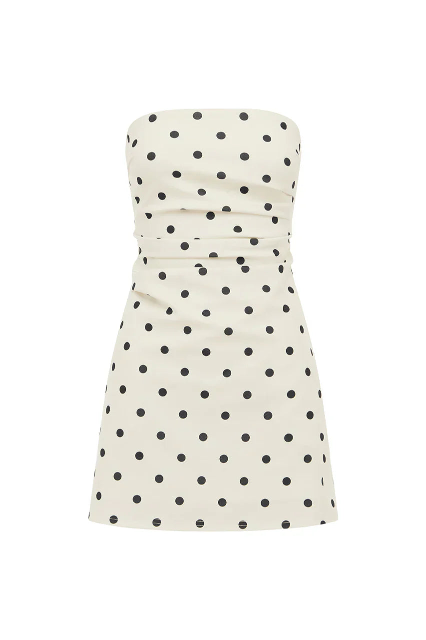 CAIRO STRAPLESS MINI DRESS - WHITE/BLACK POLKA