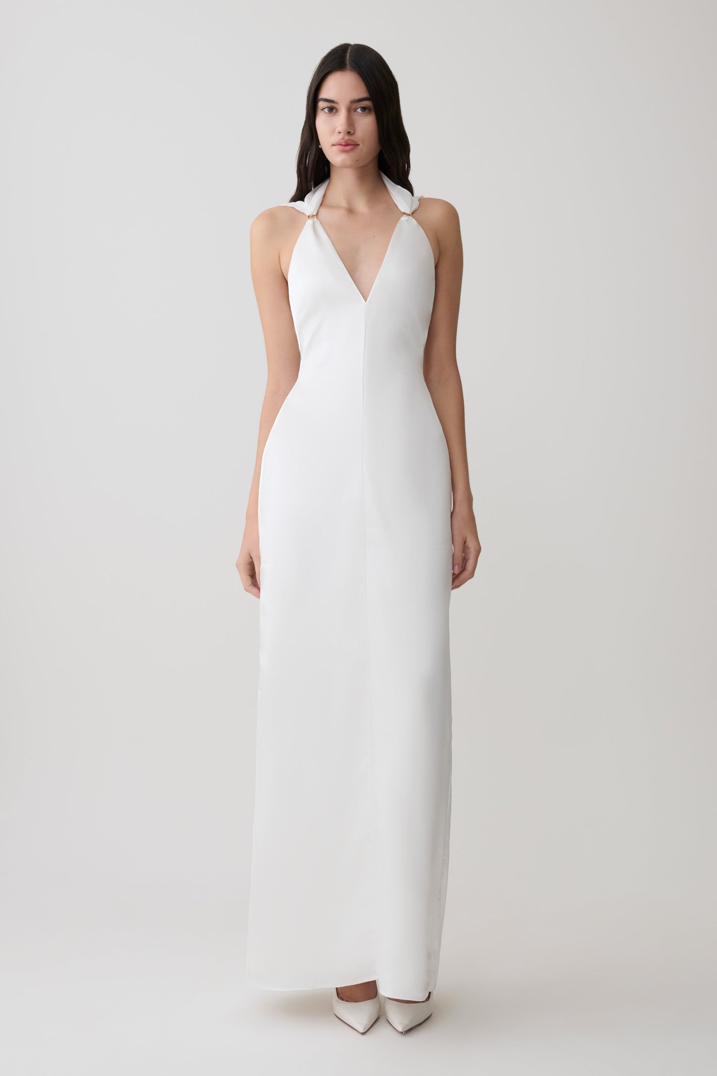 Myla Draped Shoulders Satin Maxi Dress - White