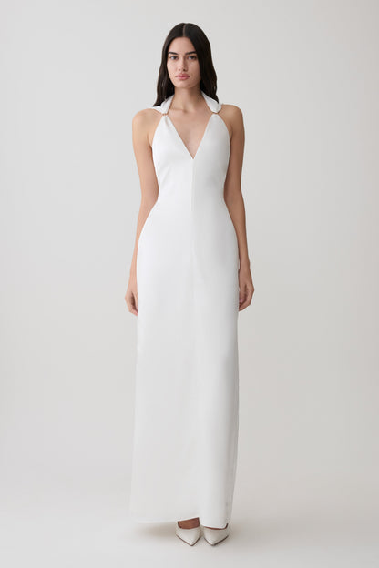 Myla Draped Shoulders Satin Maxi Dress - White