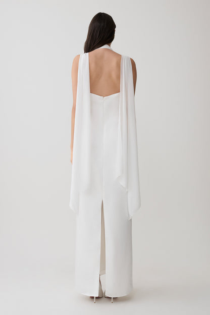 Myla Draped Shoulders Satin Maxi Dress - White