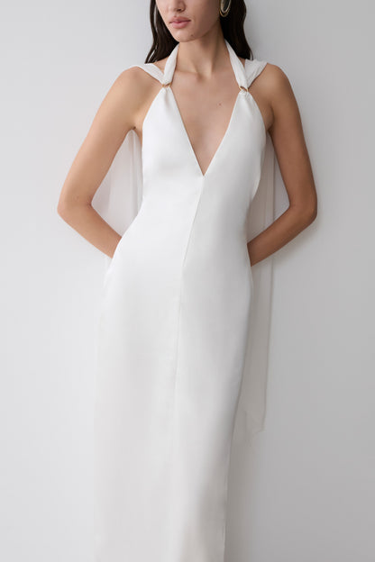 Myla Draped Shoulders Satin Maxi Dress - White