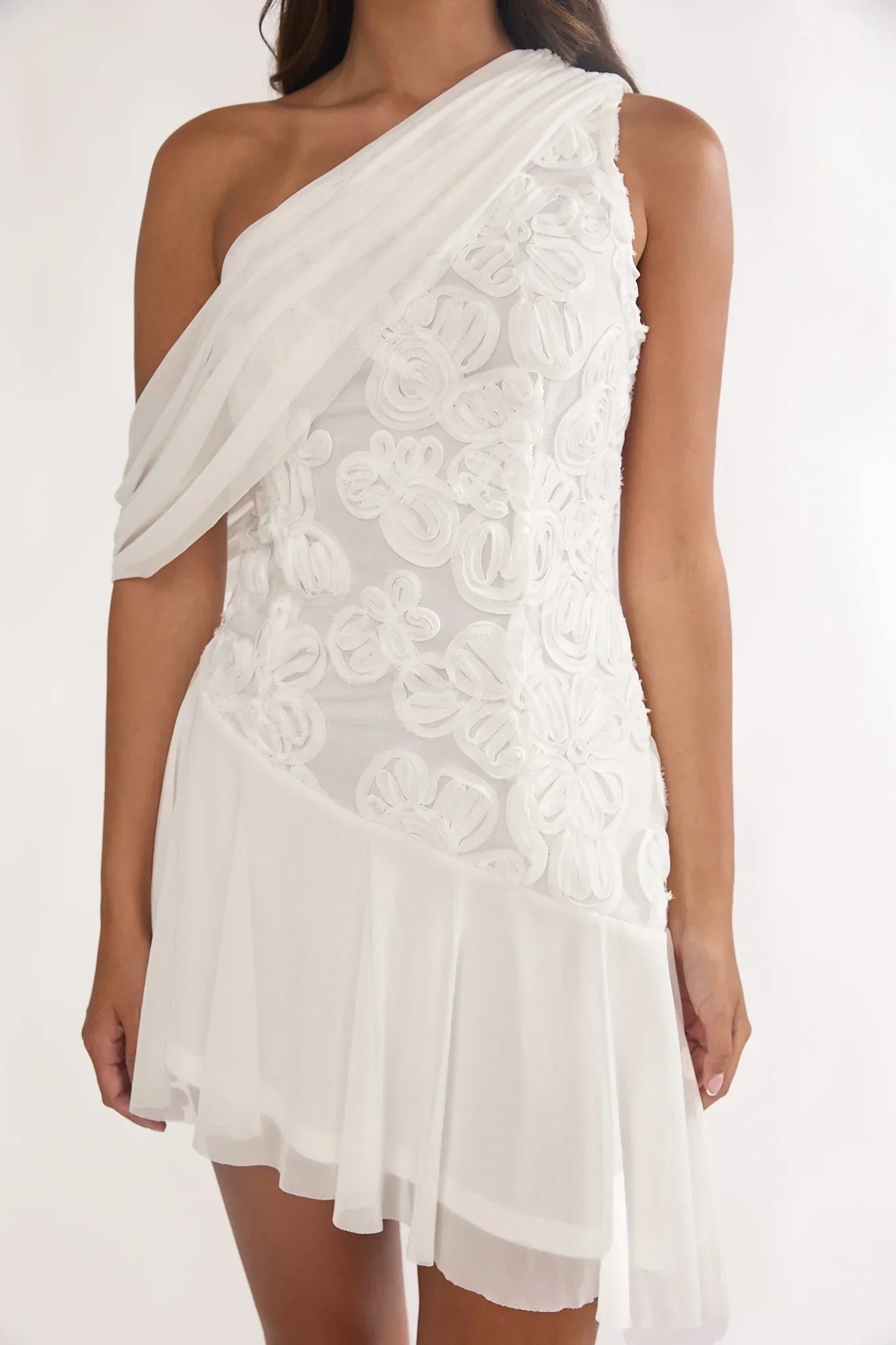 Anaisa One-Shoulder Draped Mini Dress Embellished Off White