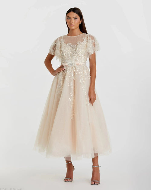 Beige Embellished Flutter Sleeve Bow Waist A Line Dress - FINAL SALE