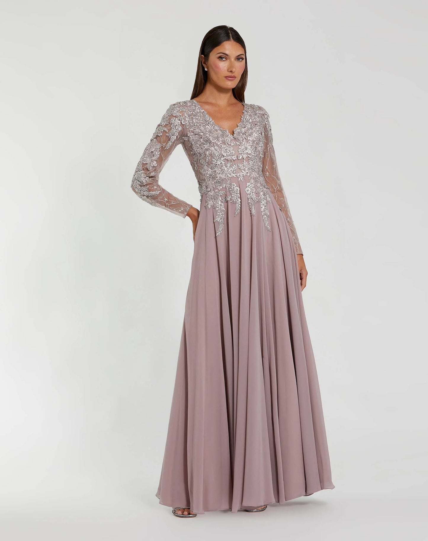 Embellished Illusion V Neck Long Sleeve Gown
