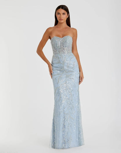 Blue Beaded Sequin Strapless Trumpet Gown