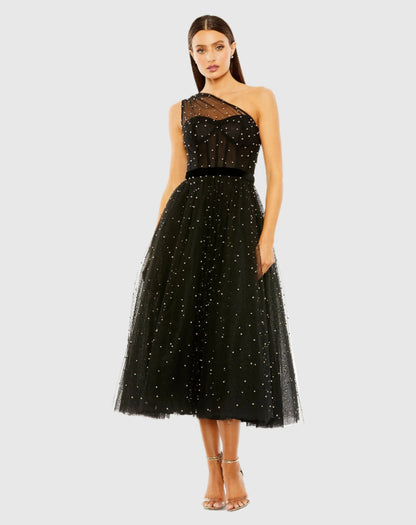 Black One Shoulder Pearl Beaded Midi Ball Gown