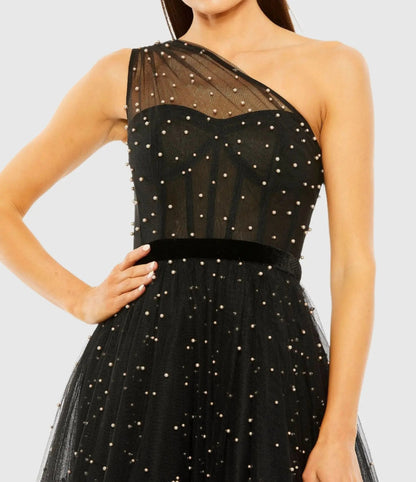 Black One Shoulder Pearl Beaded Midi Ball Gown