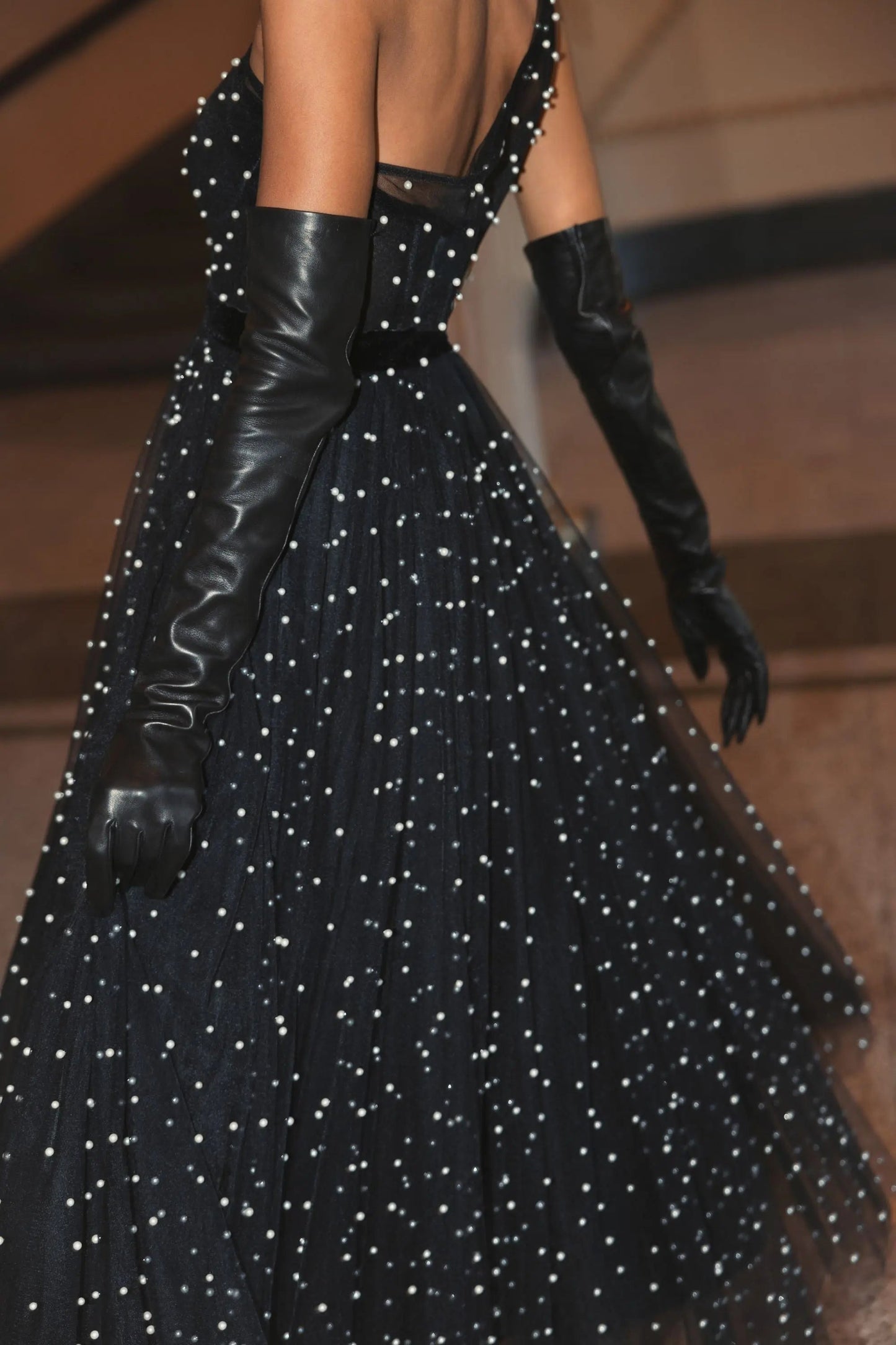 Black One Shoulder Pearl Beaded Midi Ball Gown
