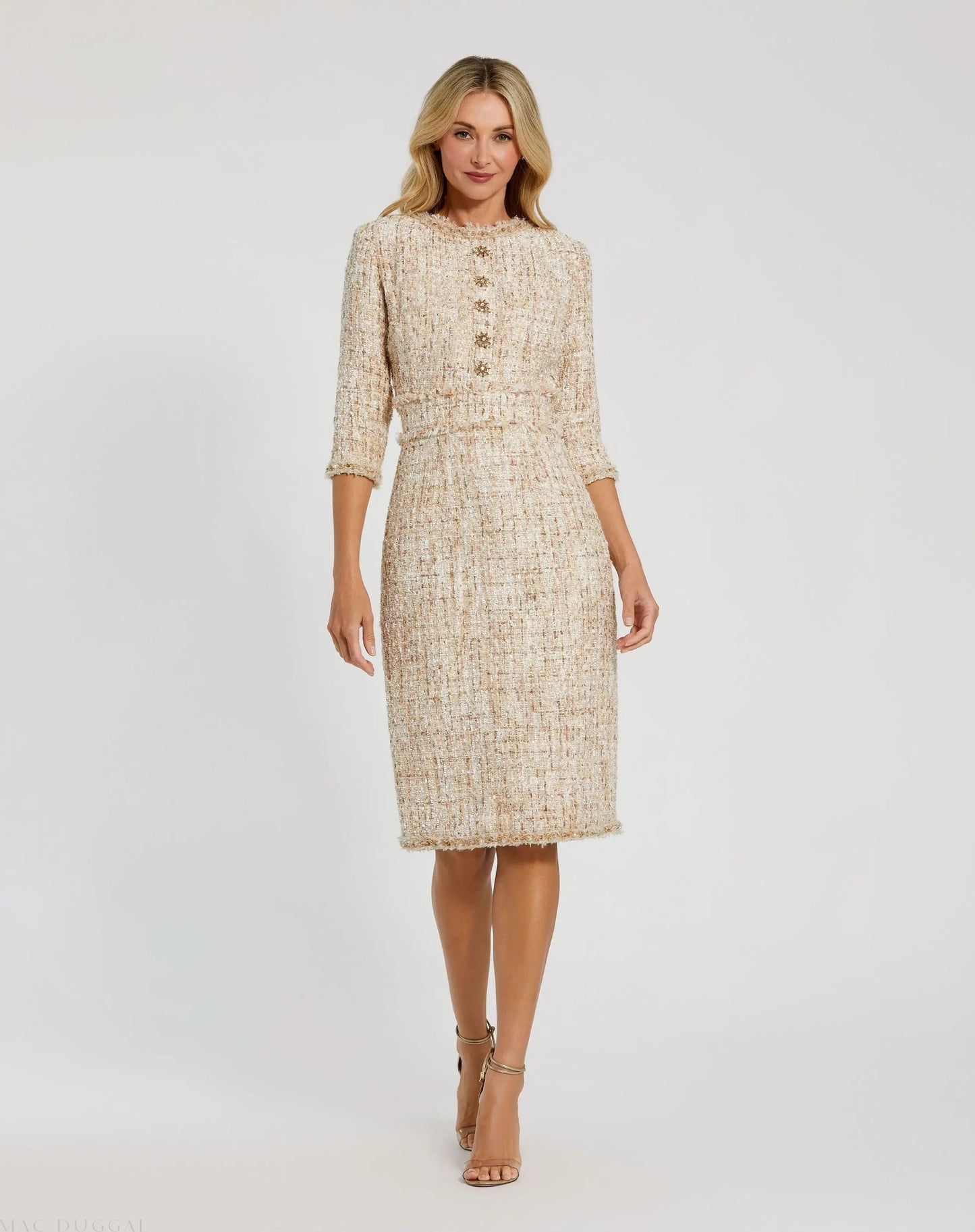 Beaded Trim Boucle Midi Dress with 3/4 Sleeves