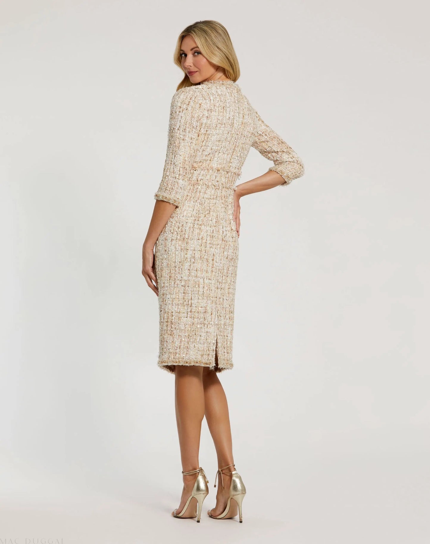 Beige Beaded Trim Boucle Midi Dress with 3/4 Sleeves