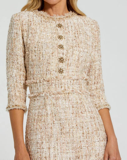 Beige Beaded Trim Boucle Midi Dress with 3/4 Sleeves