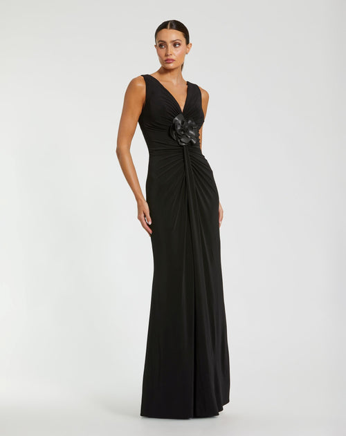 Black Sleeveless Jersey Gown With 3D Flower