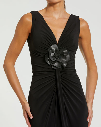 Black Sleeveless Jersey Gown With 3D Flower