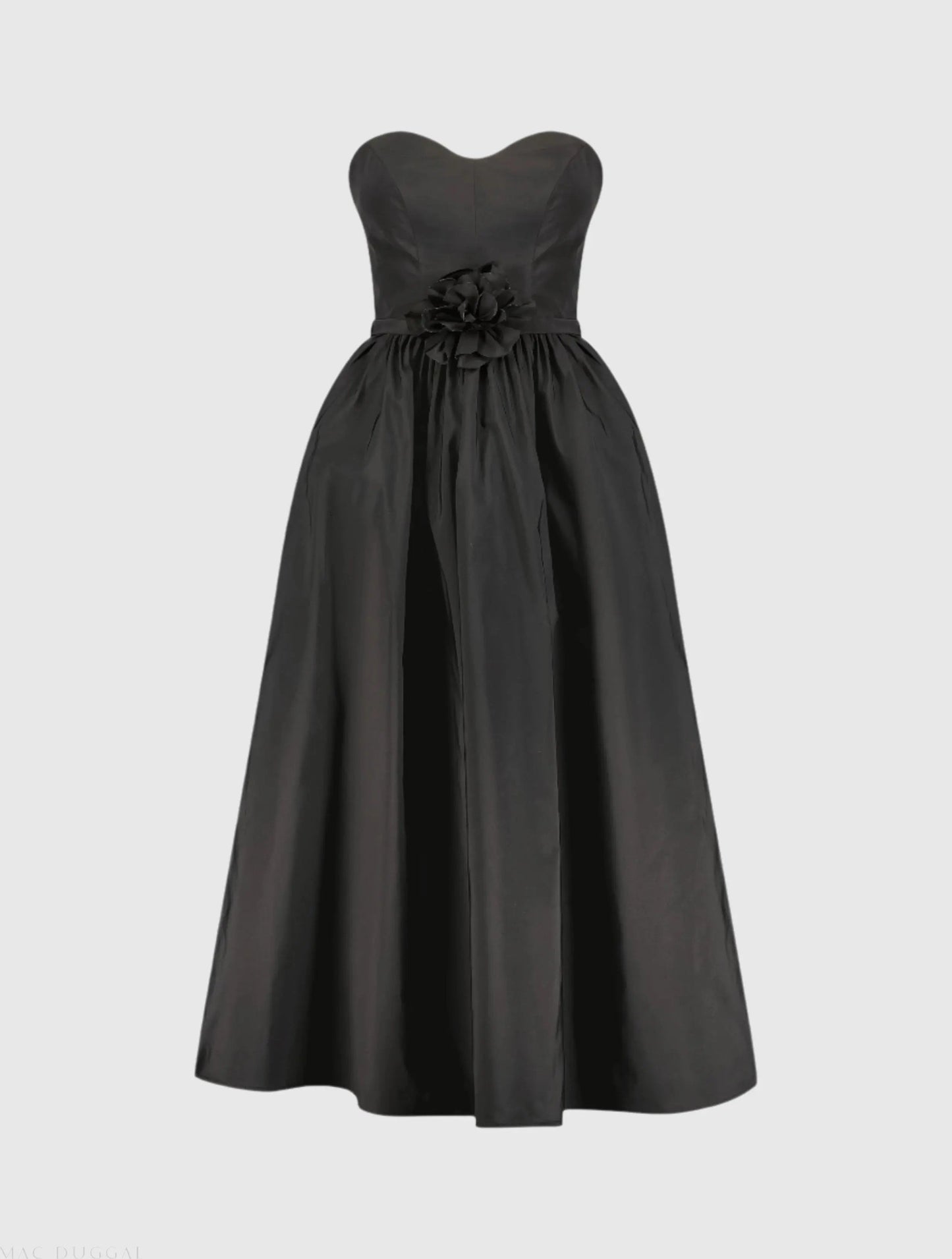 Black Faille Strapless A Line Midi Dress With 3D Rose - FINAL SALE