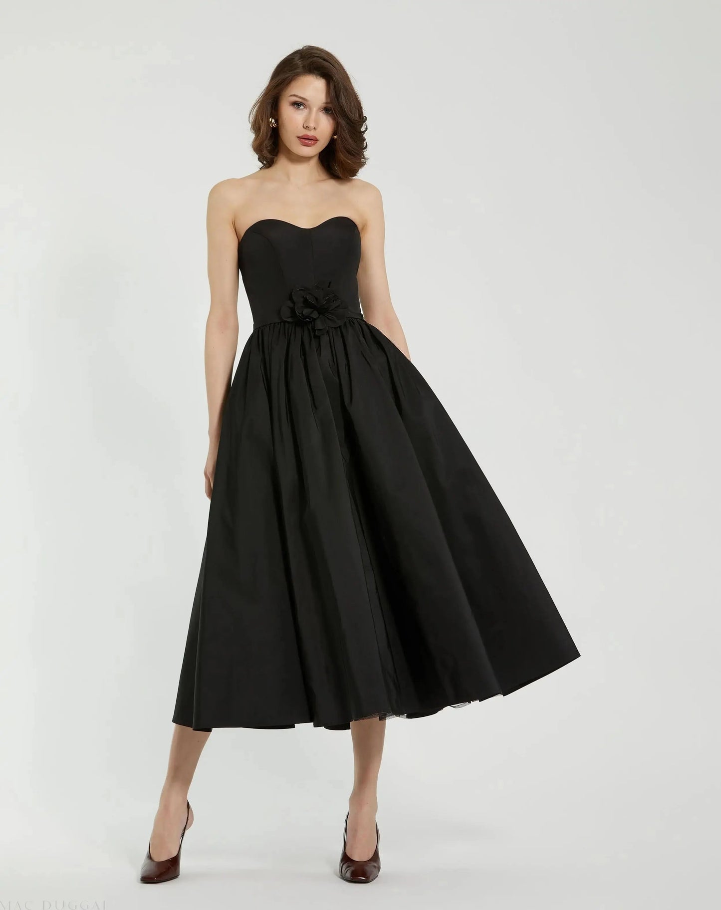 Black Faille Strapless A Line Midi Dress With 3D Rose - FINAL SALE