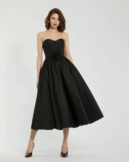 Black Faille Strapless A Line Midi Dress With 3D Rose - FINAL SALE