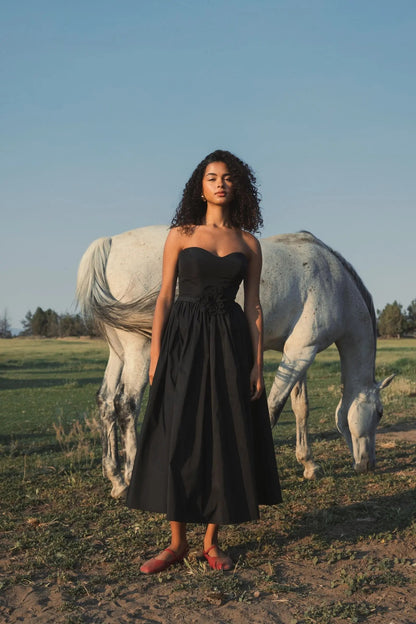 Black Faille Strapless A Line Midi Dress With 3D Rose - FINAL SALE