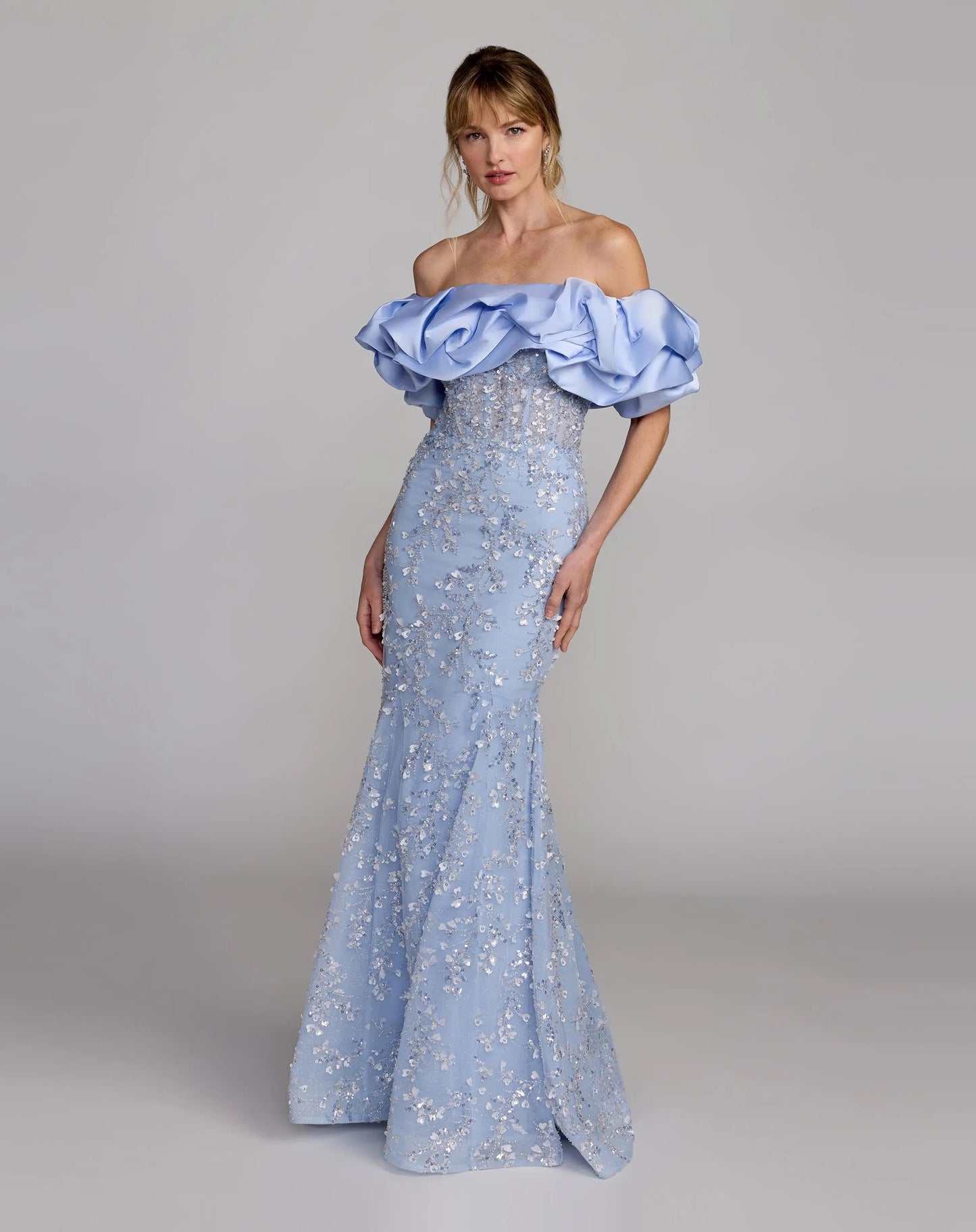 Blue Embellished Mermaid Gown With Off The Shoulder Ruffle