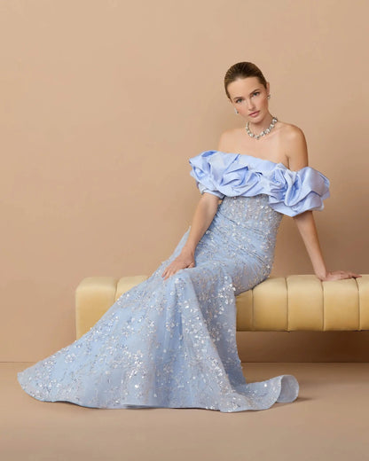 Blue Embellished Mermaid Gown With Off The Shoulder Ruffle