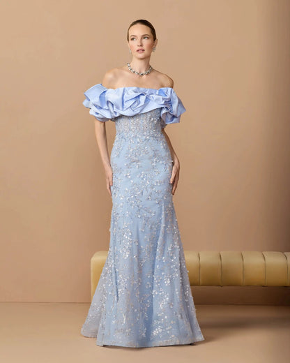 Blue Embellished Mermaid Gown With Off The Shoulder Ruffle