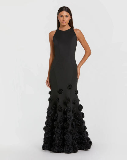 Black Sleeveless Mermaid Gown With 3D Floral Hem