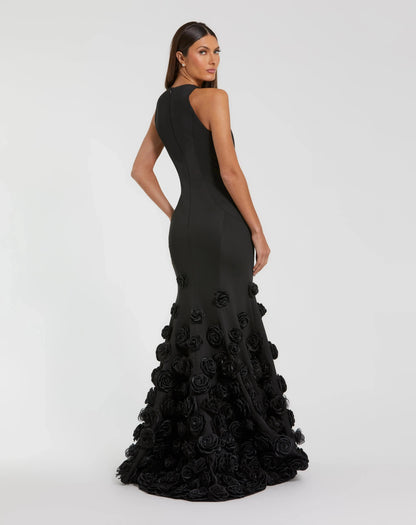 Black Sleeveless Mermaid Gown With 3D Floral Hem