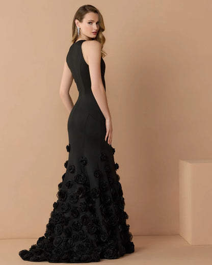 Black Sleeveless Mermaid Gown With 3D Floral Hem