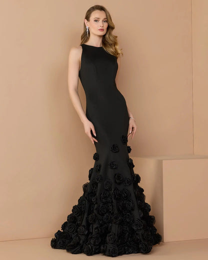 Black Sleeveless Mermaid Gown With 3D Floral Hem