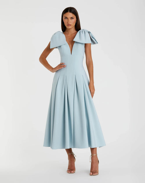 Crepe A Line Midi Dress With Bow Straps