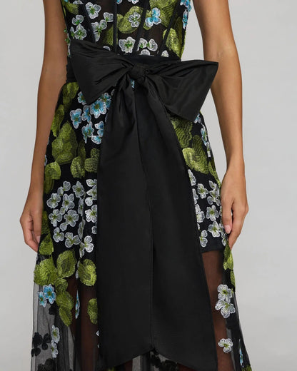 Black Floral Embroidered Corset Gown With Bow