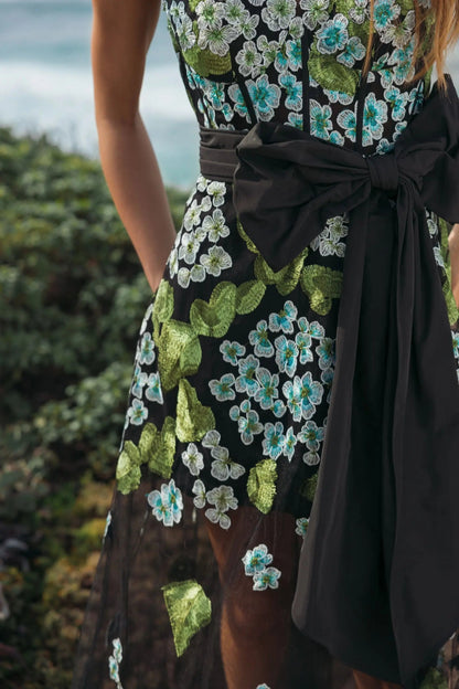 Black Floral Embroidered Corset Gown With Bow