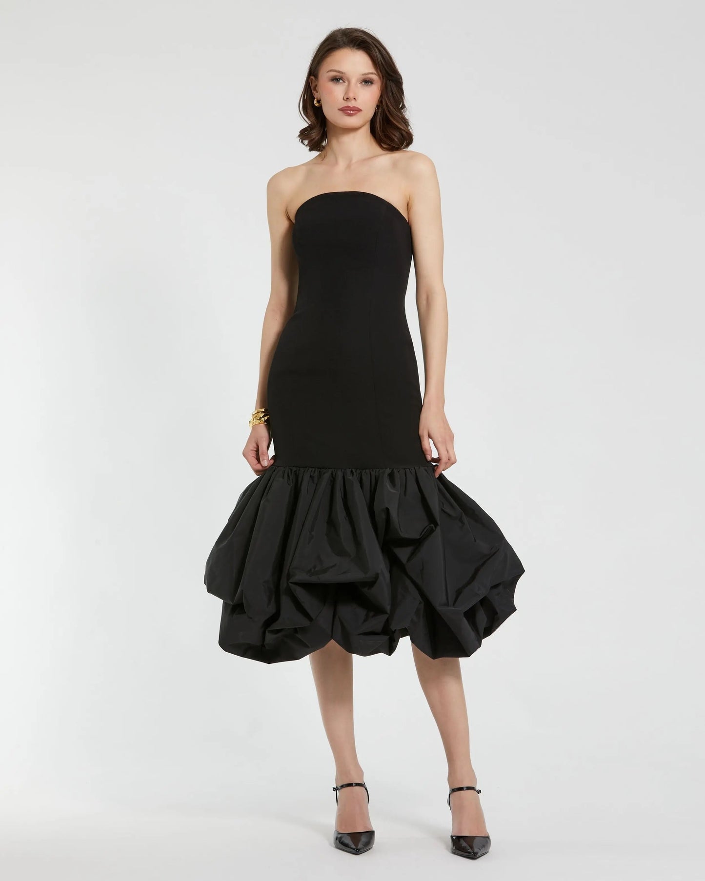 Black Strapless Crepe Midi Dress With Bubble Hem
