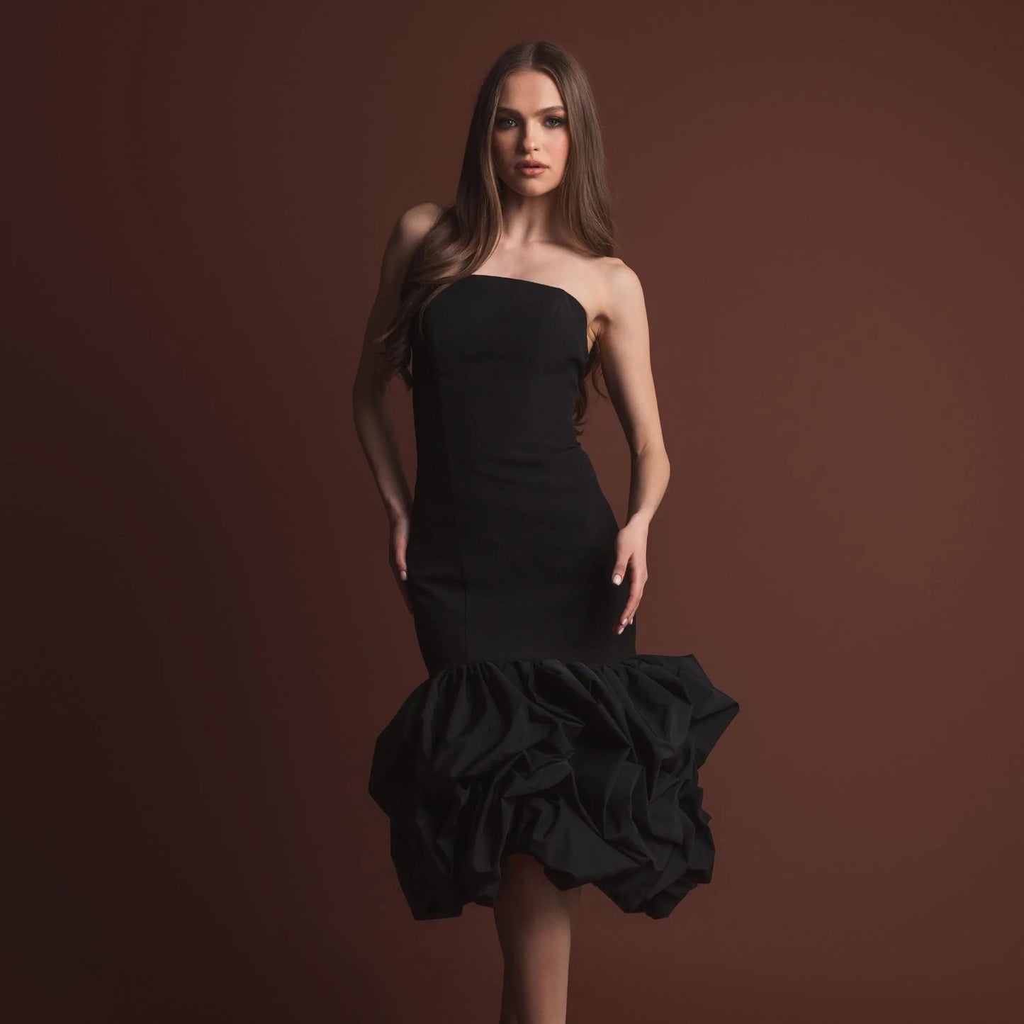 Black Strapless Crepe Midi Dress With Bubble Hem