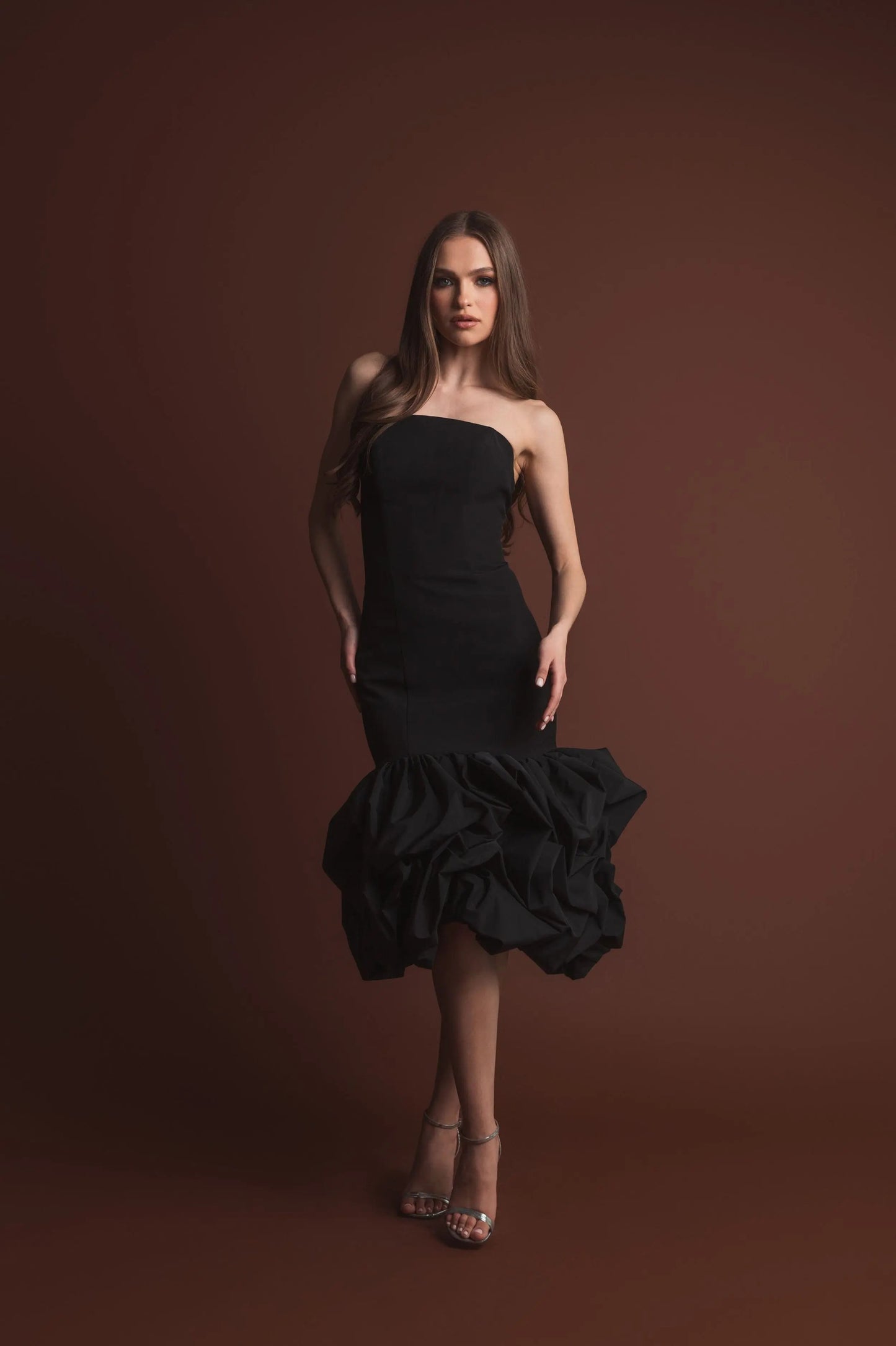 Black Strapless Crepe Midi Dress With Bubble Hem