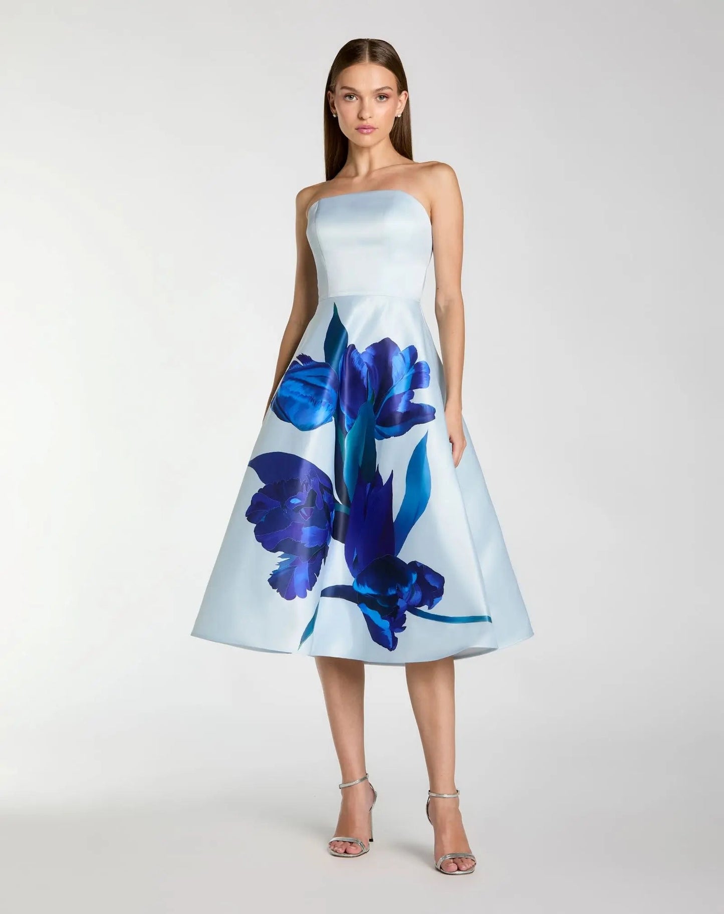 Blue Strapless Satin Midi Dress With Flower Print